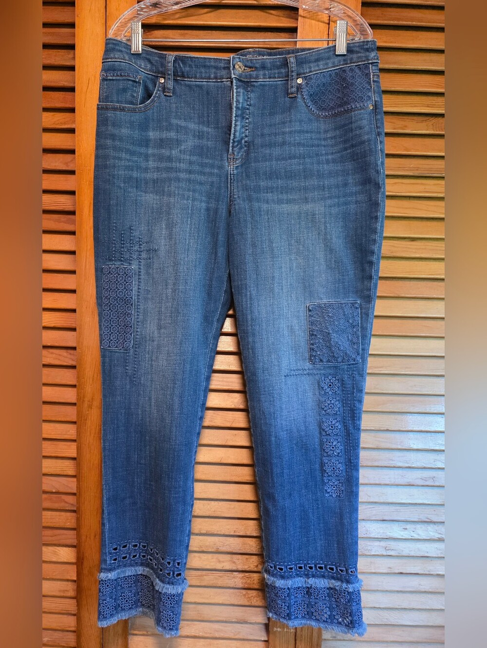 Chico's So Slimming Girlfriend Crop Jeans Lace Patchwork Frayed Hem 12R